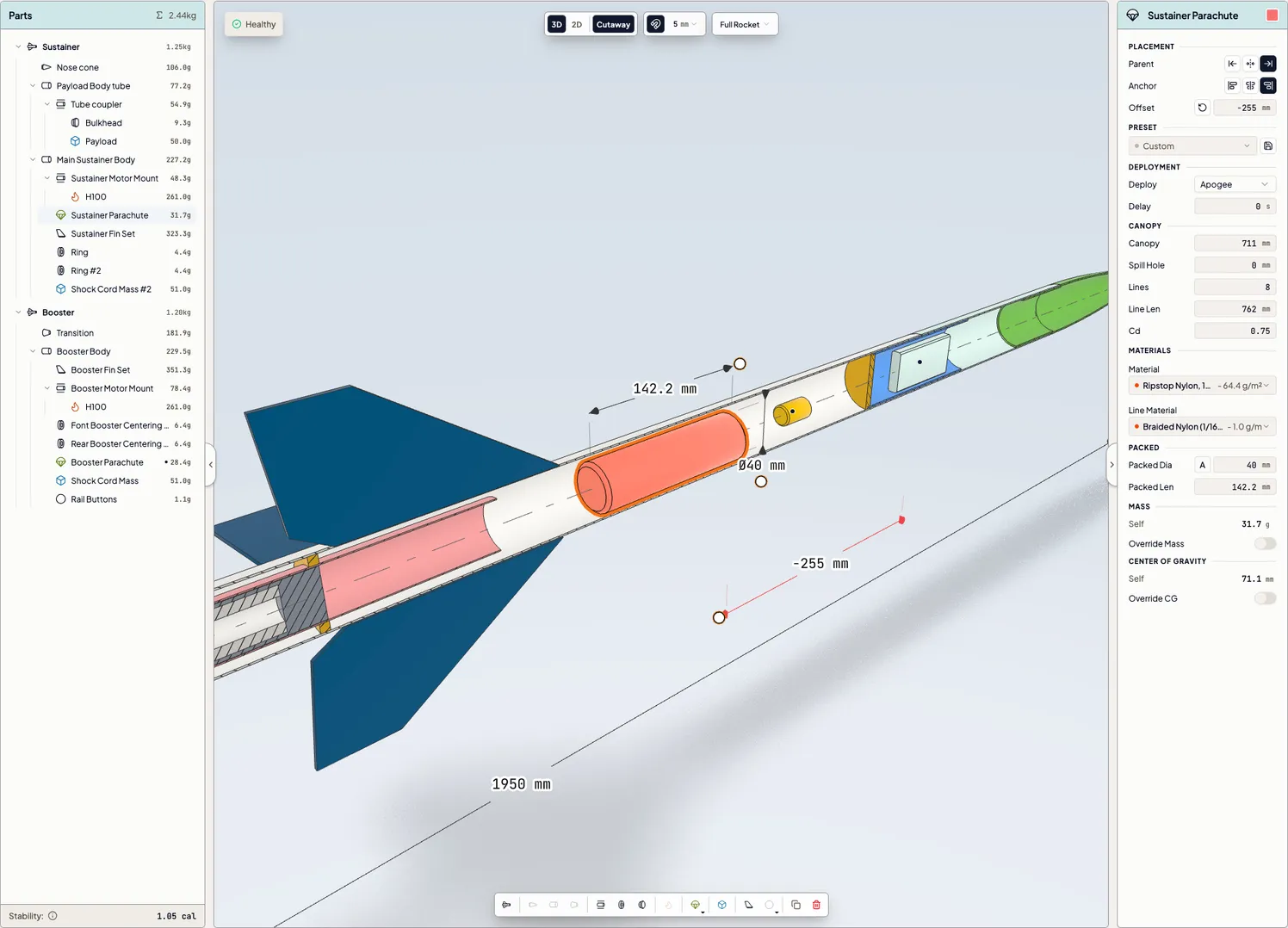 Rocket builder workspace: parts panel with the stage tree on the left, 3D cutaway canvas with dimensions in the center, and the details panel for the selected parachute on the right