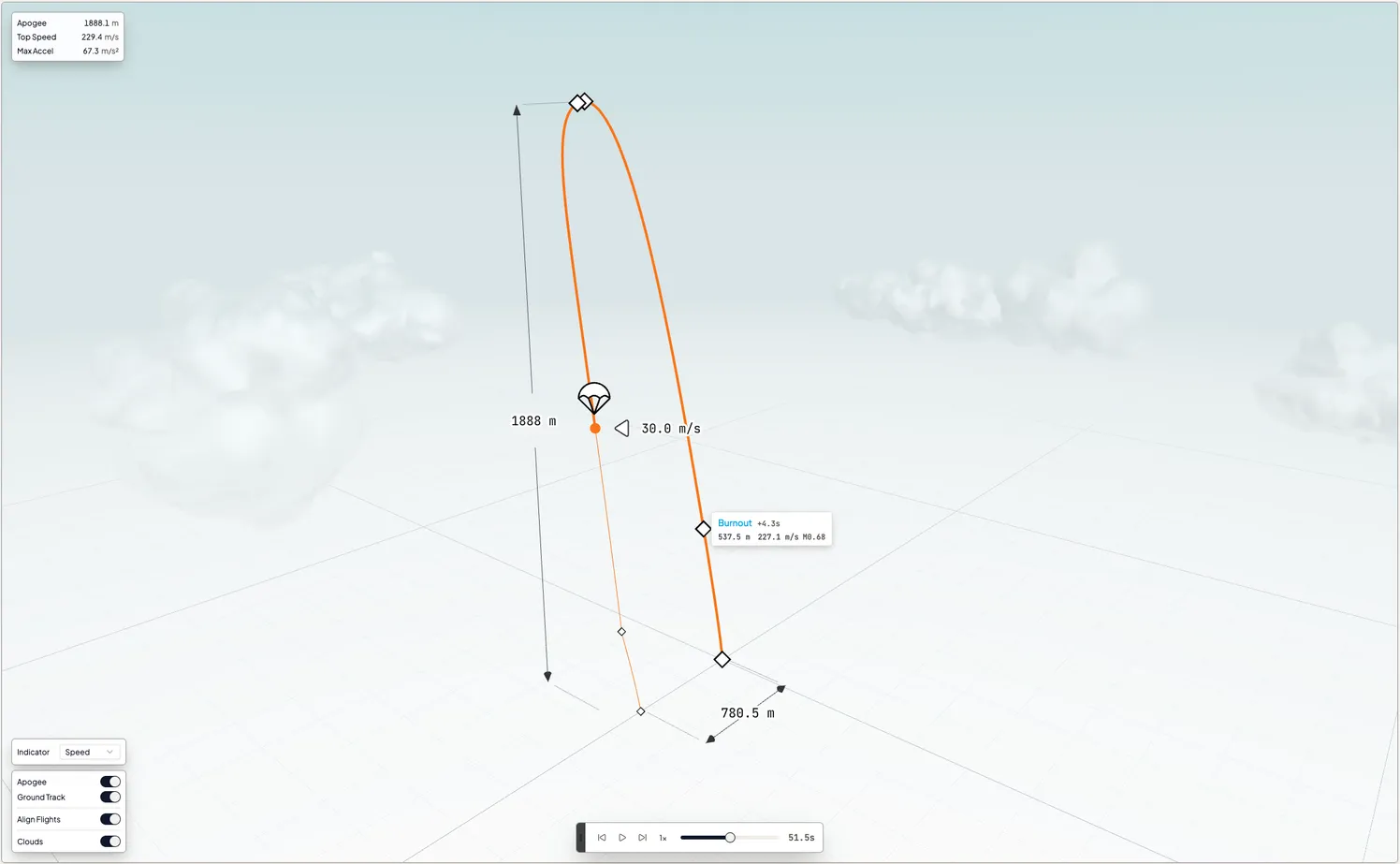 3D playback of a flight with the trajectory colored by speed, apogee and ground-track markers, display toggles and the timeline scrubber