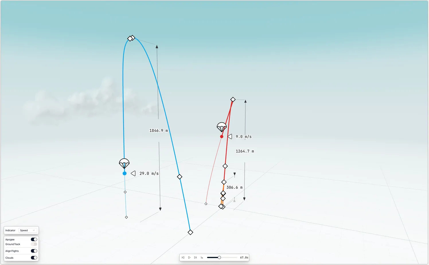 Two flight trajectories played back side by side in one 3D scene, each in its own color with apogee altitudes marked